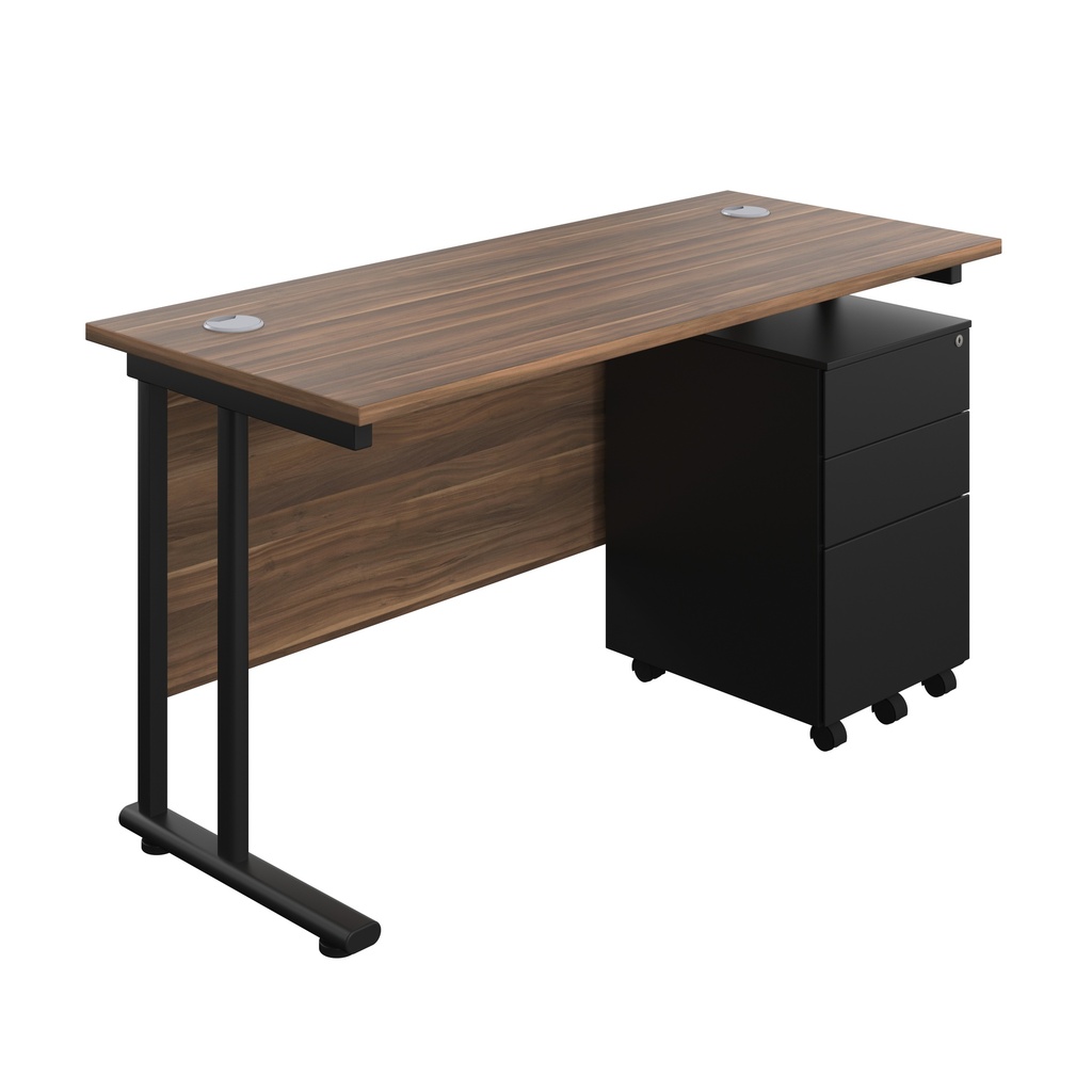 Twin Upright Rectangular Desk + Under Desk Steel Pedestal 3 Drawers (FSC) | 1400X600 | Dark Walnut/Black | 