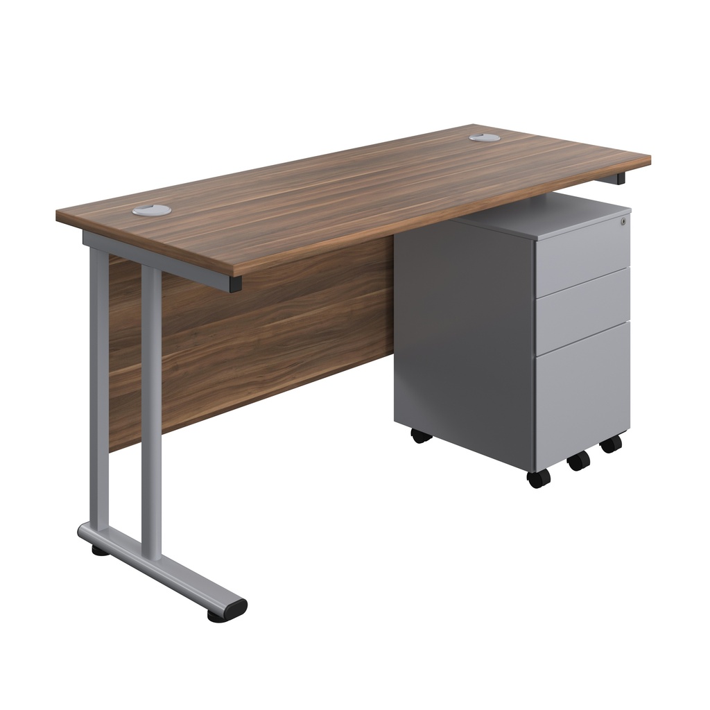 Twin Upright Rectangular Desk + Under Desk Steel Pedestal 3 Drawers (FSC) | 1400X600 | Dark Walnut/Silver | 