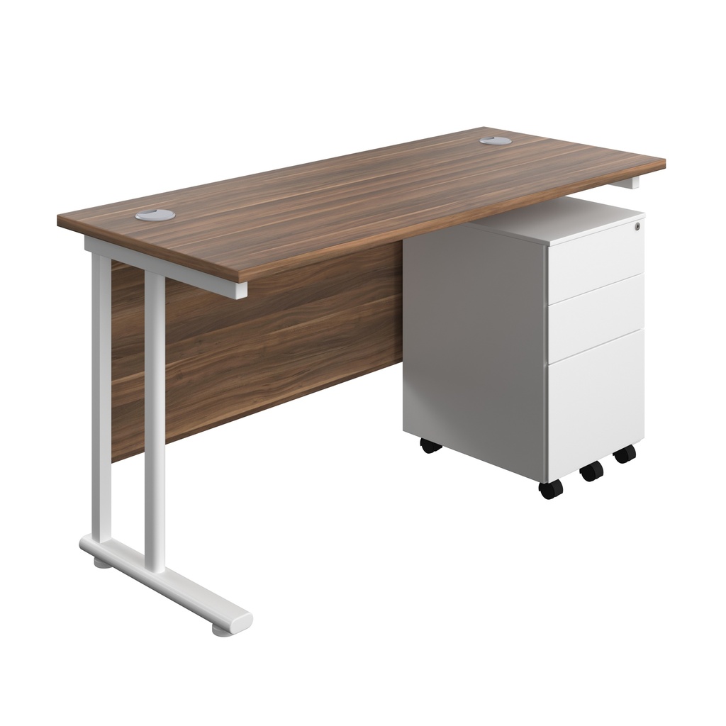 Twin Upright Rectangular Desk + Under Desk Steel Pedestal 3 Drawers (FSC) | 1400X600 | Dark Walnut/White | 