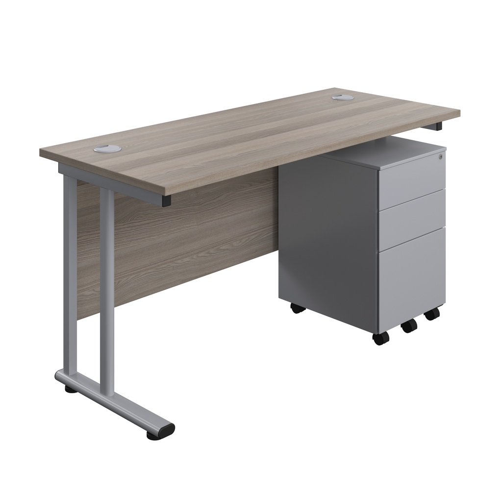 Twin Upright Rectangular Desk + Under Desk Steel Pedestal 3 Drawers (FSC) | 1400X600 | Grey Oak/Silver | 