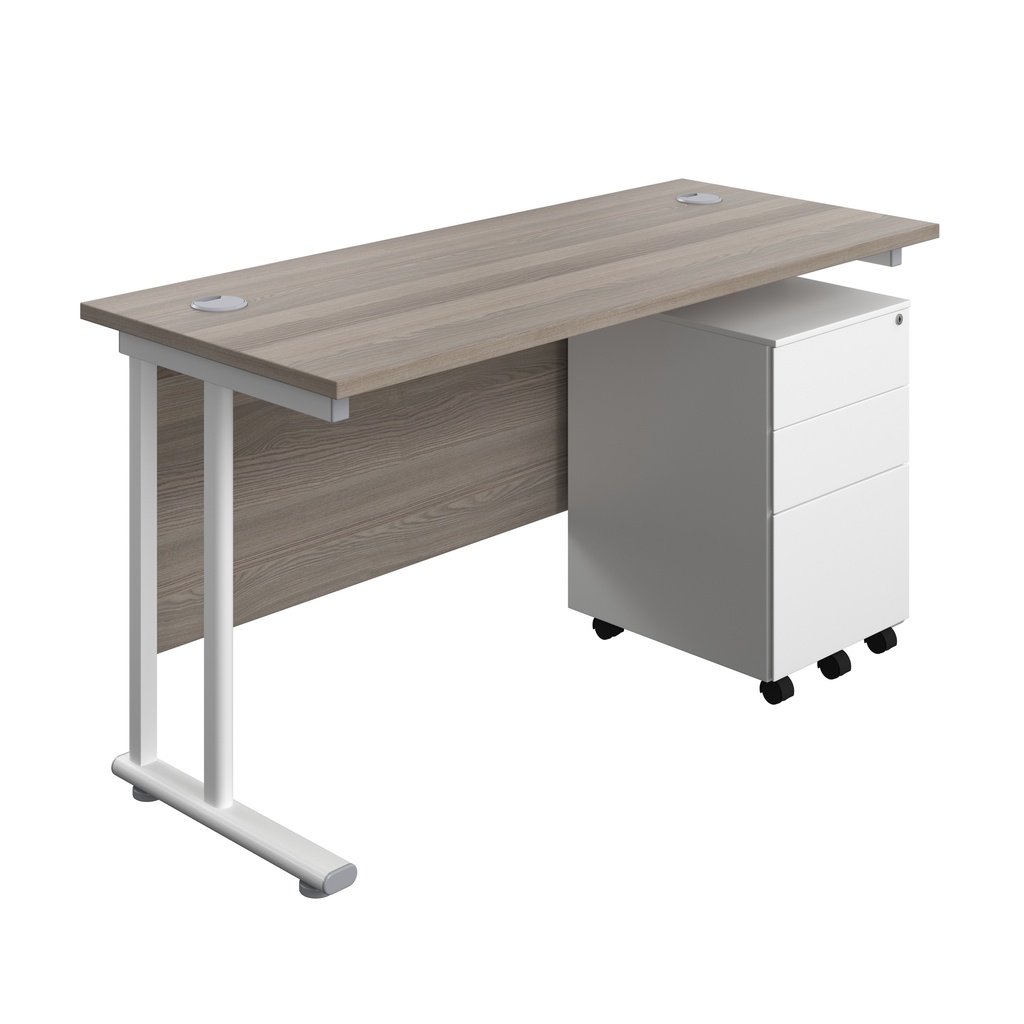 Twin Upright Rectangular Desk + Under Desk Steel Pedestal 3 Drawers (FSC) | 1400X600 | Grey Oak/White | 