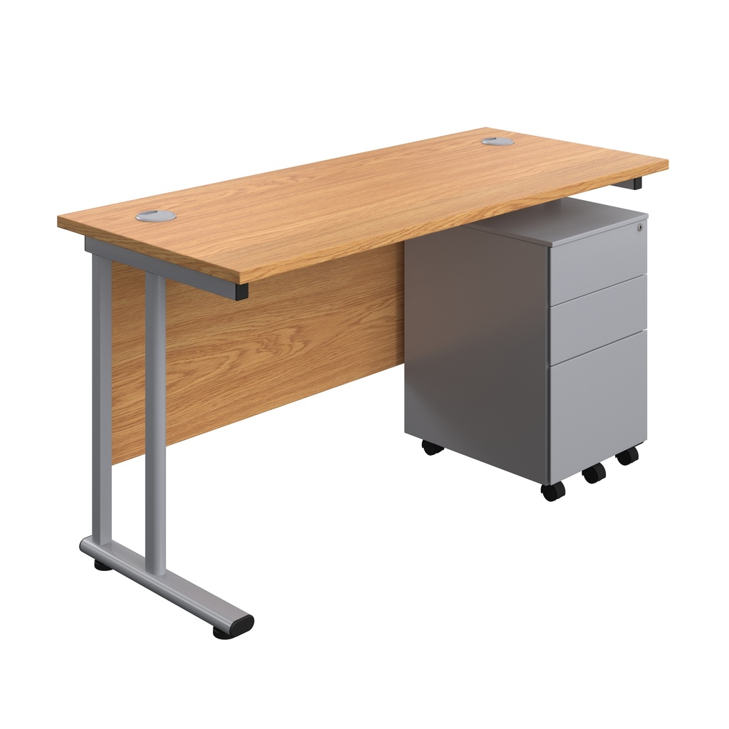 Twin Upright Rectangular Desk + Under Desk Steel Pedestal 3 Drawers (FSC) | 1400X600 | Nova Oak/Silver | 