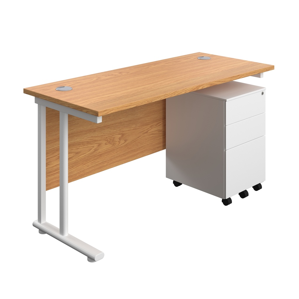 Twin Upright Rectangular Desk + Under Desk Steel Pedestal 3 Drawers (FSC) | 1400X600 | Nova Oak/White | 