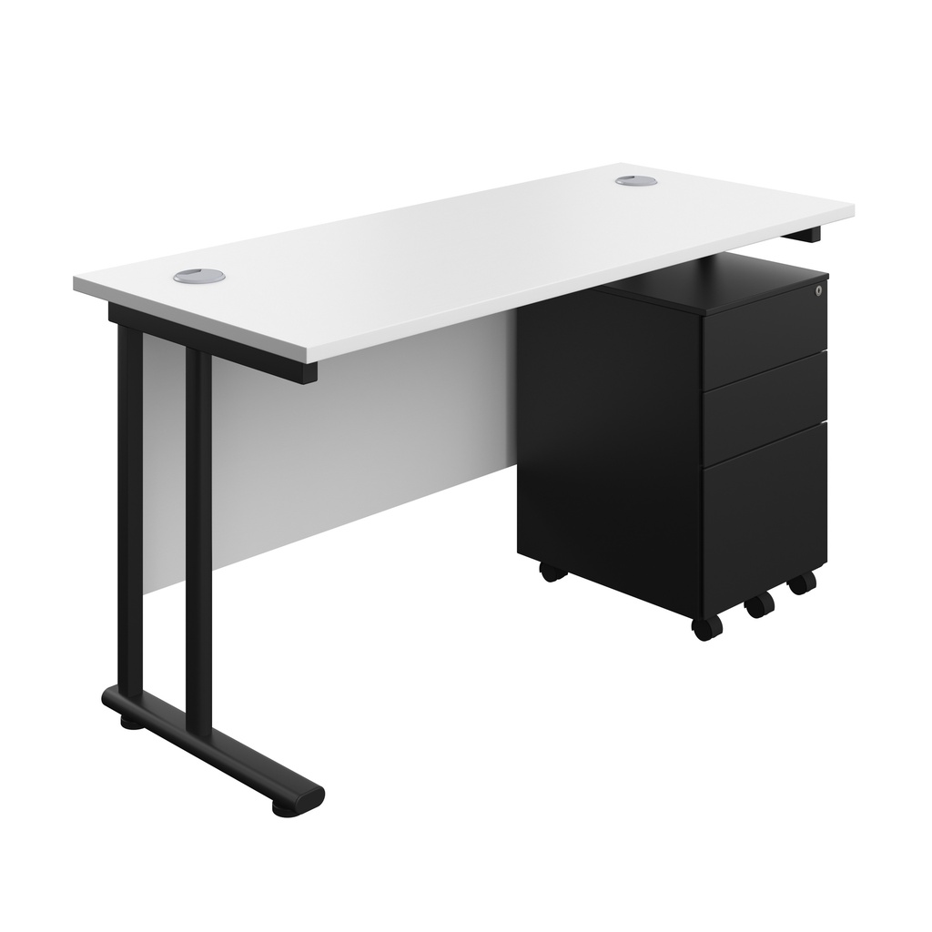 Twin Upright Rectangular Desk + Under Desk Steel Pedestal 3 Drawers (FSC) | 1400X600 | White/Black | 