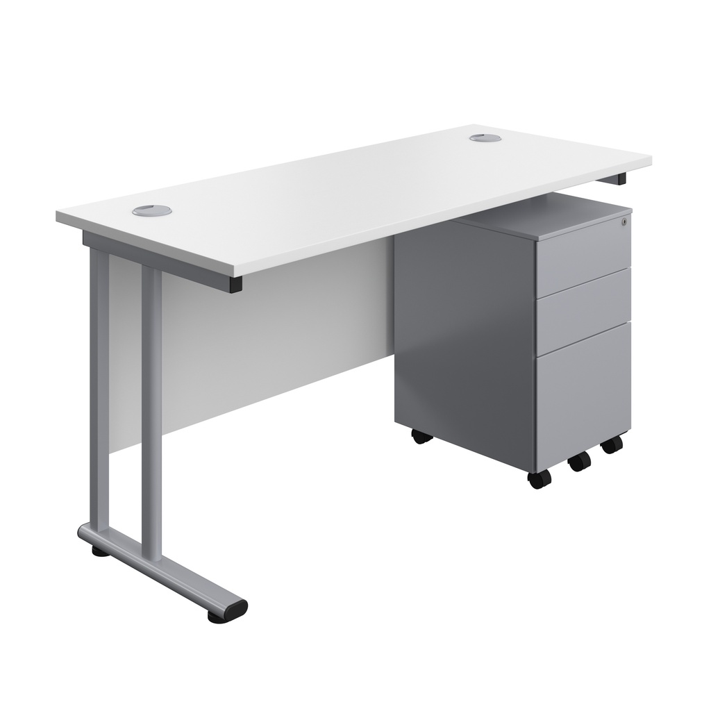 Twin Upright Rectangular Desk + Under Desk Steel Pedestal 3 Drawers (FSC) | 1400X600 | White/Silver | 