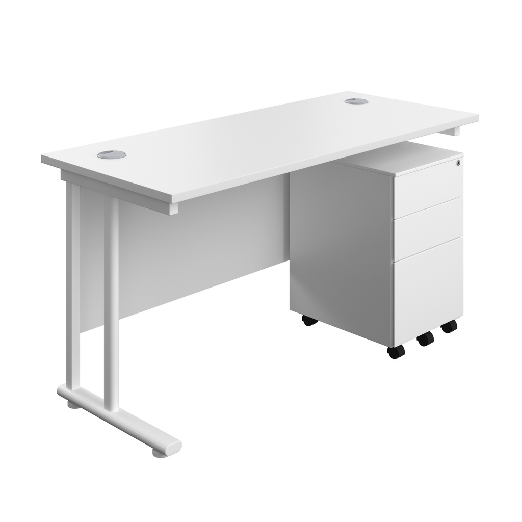 Twin Upright Rectangular Desk + Under Desk Steel Pedestal 3 Drawers (FSC) | 1400X600 | White/White | 