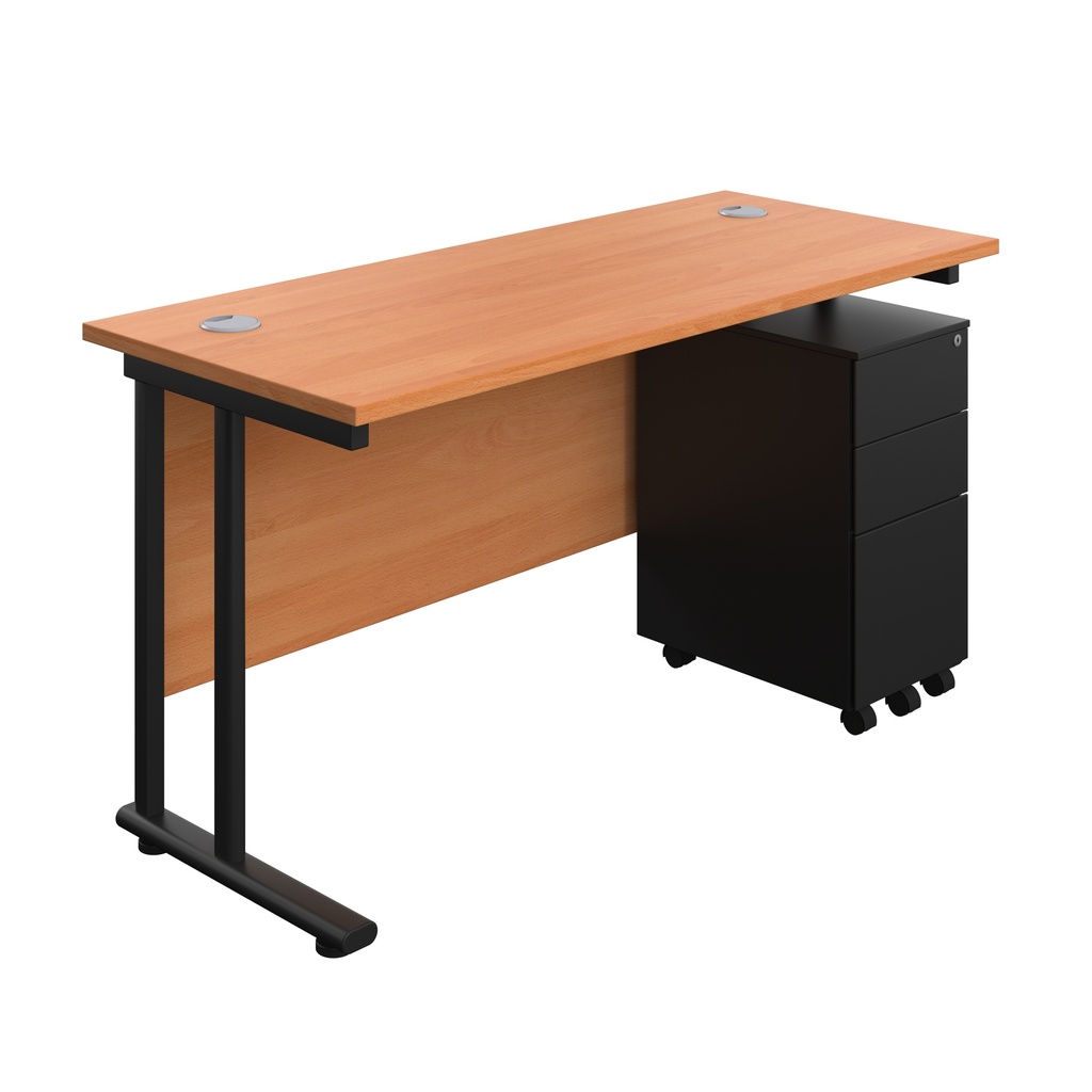 Twin Upright Rectangular Desk + Slimline Steel Pedestal 3 Drawers (FSC) | 1400X600 | Beech/Black | 