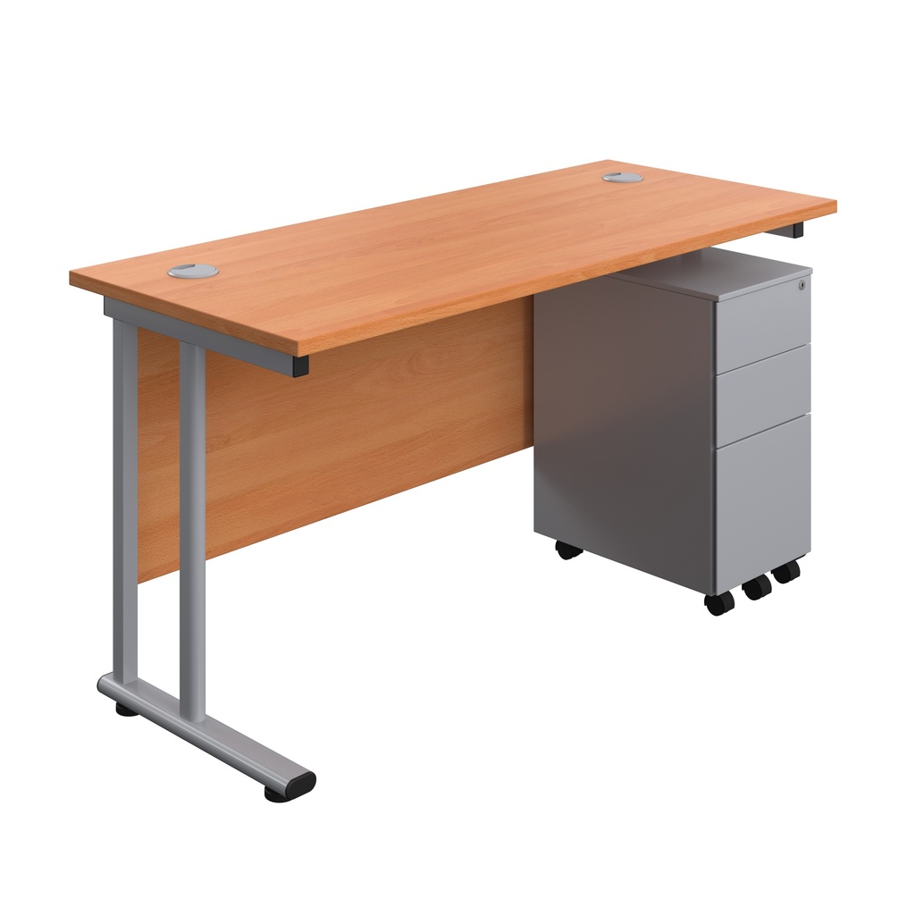 Twin Upright Rectangular Desk + Slimline Steel Pedestal 3 Drawers (FSC) | 1400X600 | Beech/Silver | 
