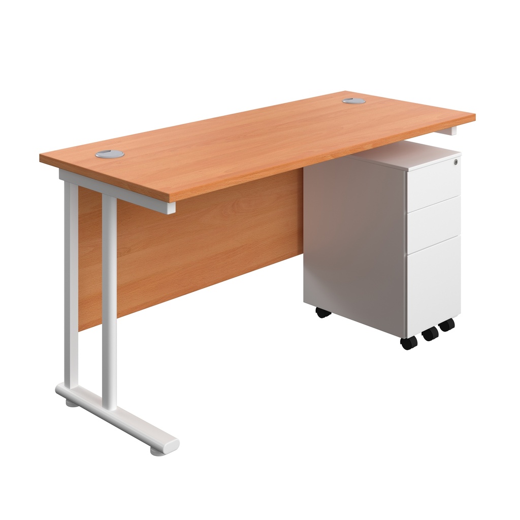 Twin Upright Rectangular Desk + Slimline Steel Pedestal 3 Drawers (FSC) | 1400X600 | Beech/White | 