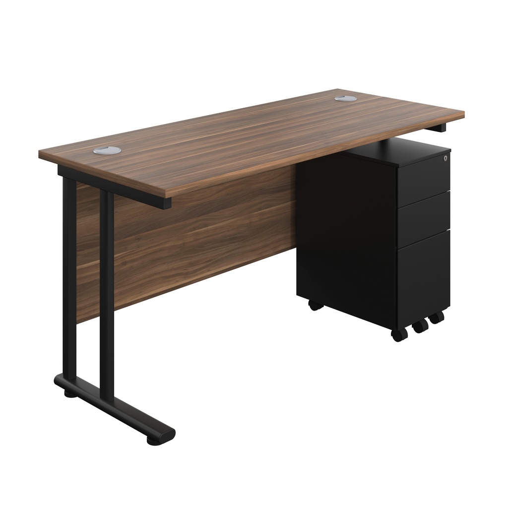 Twin Upright Rectangular Desk + Slimline Steel Pedestal 3 Drawers (FSC) | 1400X600 | Dark Walnut/Black | 