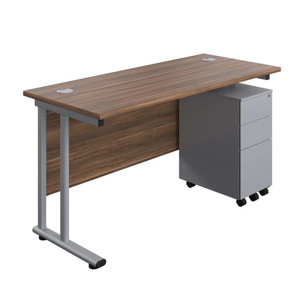 Twin Upright Rectangular Desk + Slimline Steel Pedestal 3 Drawers (FSC) | 1400X600 | Dark Walnut/Silver | 