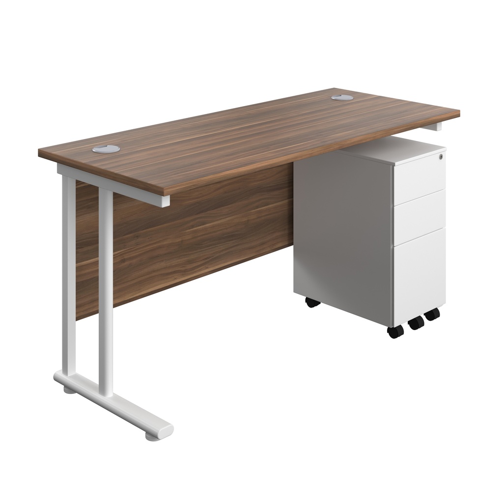 Twin Upright Rectangular Desk + Slimline Steel Pedestal 3 Drawers (FSC) | 1400X600 | Dark Walnut/White | 
