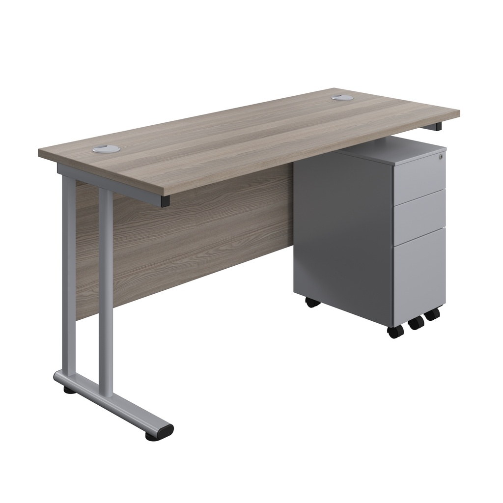 Twin Upright Rectangular Desk + Slimline Steel Pedestal 3 Drawers (FSC) | 1400X600 | Grey Oak/Silver | 