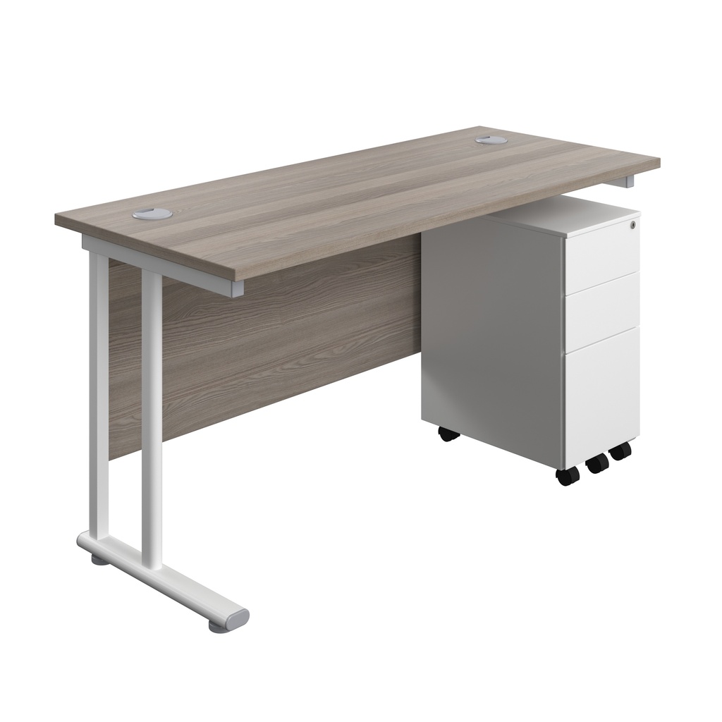 Twin Upright Rectangular Desk + Slimline Steel Pedestal 3 Drawers (FSC) | 1400X600 | Grey Oak/White | 