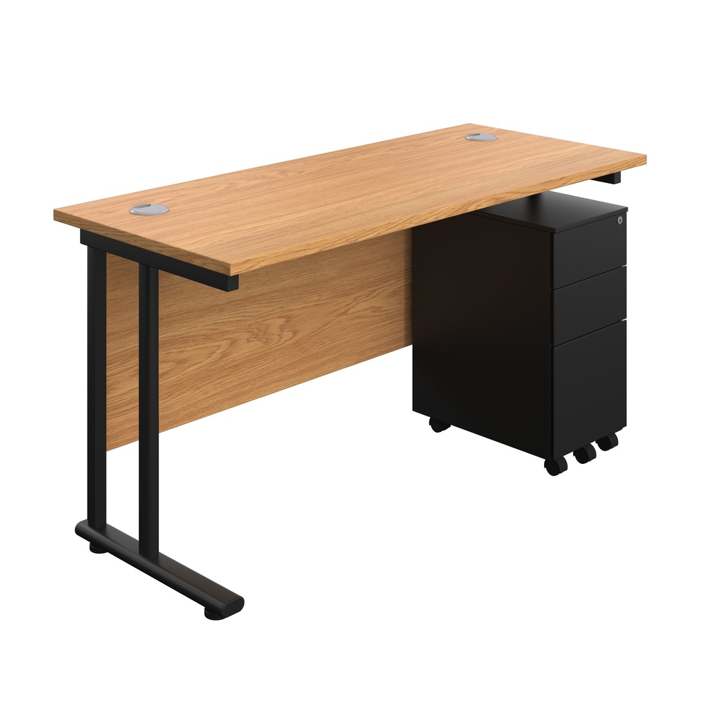 Twin Upright Rectangular Desk + Slimline Steel Pedestal 3 Drawers (FSC) | 1400X600 | Nova Oak/Black | 