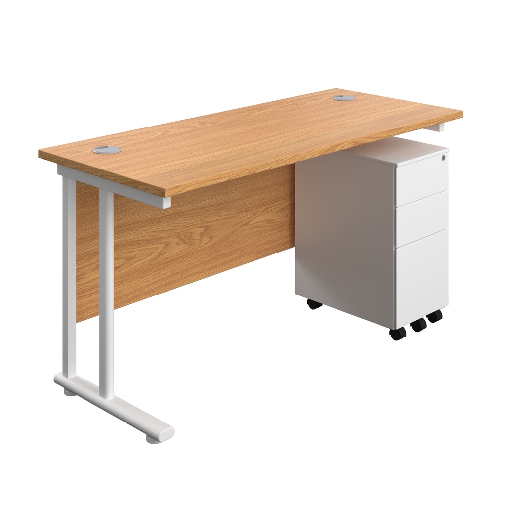 Twin Upright Rectangular Desk + Slimline Steel Pedestal 3 Drawers (FSC) | 1400X600 | Nova Oak/White | 