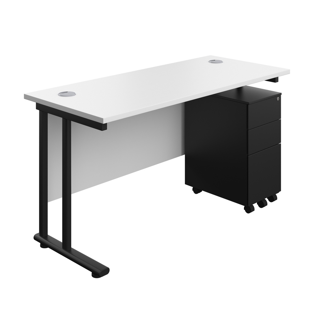 Twin Upright Rectangular Desk + Slimline Steel Pedestal 3 Drawers (FSC) | 1400X600 | White/Black | 