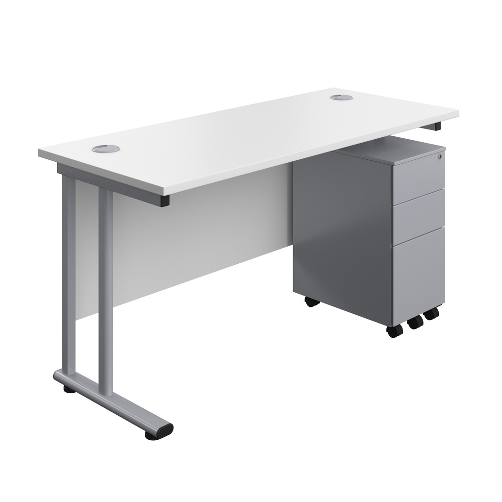 Twin Upright Rectangular Desk + Slimline Steel Pedestal 3 Drawers (FSC) | 1400X600 | White/Silver | 