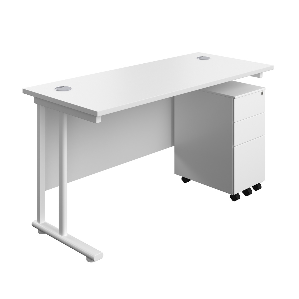Twin Upright Rectangular Desk + Slimline Steel Pedestal 3 Drawers (FSC) | 1400X600 | White/White | 