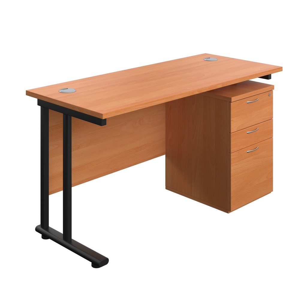 Twin Upright Rectangular Desk + High Mobile Pedestal 3 Drawer (FSC) | 1400X600 | Beech/Black | 