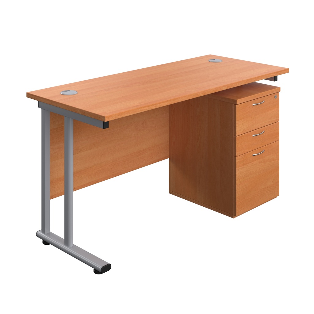 Twin Upright Rectangular Desk + High Mobile Pedestal 3 Drawer (FSC) | 1400X600 | Beech/Silver | 