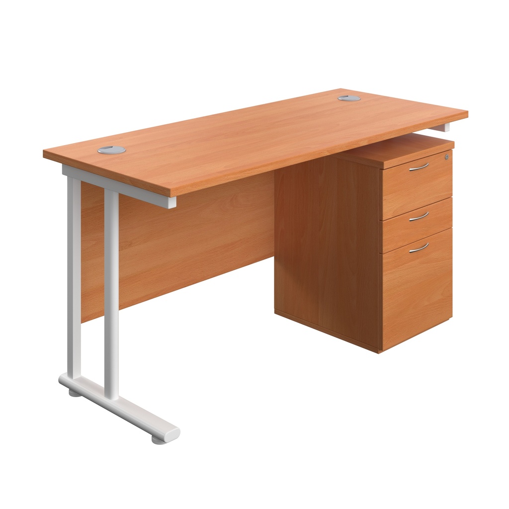 Twin Upright Rectangular Desk + High Mobile Pedestal 3 Drawer (FSC) | 1400X600 | Beech/White | 