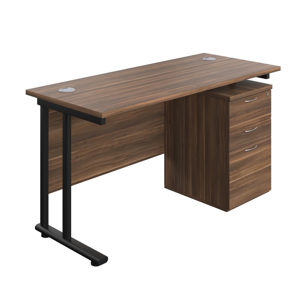 Twin Upright Rectangular Desk + High Mobile Pedestal 3 Drawer (FSC) | 1400X600 | Dark Walnut/Black | 