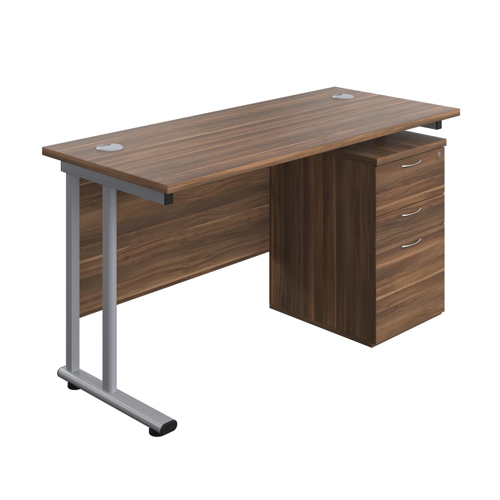 Twin Upright Rectangular Desk + High Mobile Pedestal 3 Drawer (FSC) | 1400X600 | Dark Walnut/Silver | 