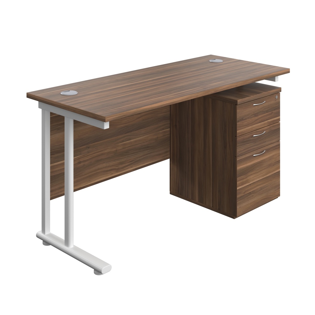 Twin Upright Rectangular Desk + High Mobile Pedestal 3 Drawer (FSC) | 1400X600 | Dark Walnut/White | 