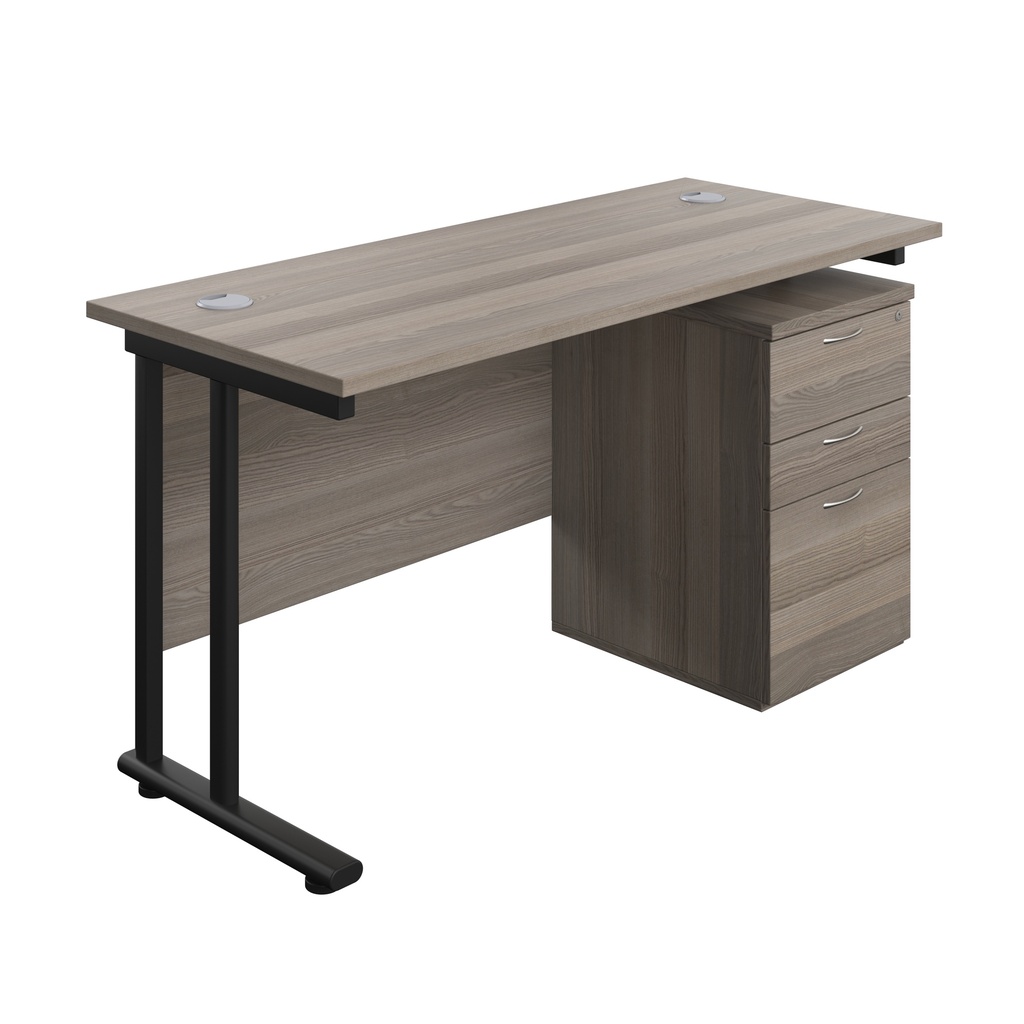 Twin Upright Rectangular Desk + High Mobile Pedestal 3 Drawer (FSC) | 1400X600 | Grey Oak/Black | 
