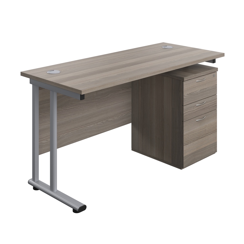 Twin Upright Rectangular Desk + High Mobile Pedestal 3 Drawer (FSC) | 1400X600 | Grey Oak/Silver | 