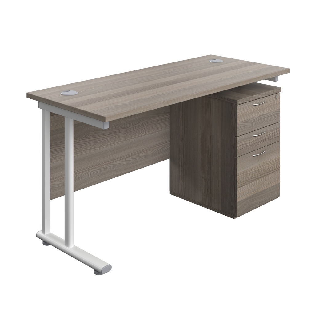 Twin Upright Rectangular Desk + High Mobile Pedestal 3 Drawer (FSC) | 1400X600 | Grey Oak/White | 