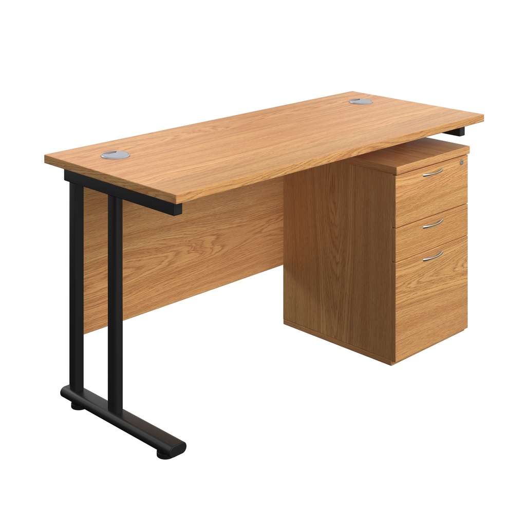Twin Upright Rectangular Desk + High Mobile Pedestal 3 Drawer (FSC) | 1400X600 | Nova Oak/Black | 