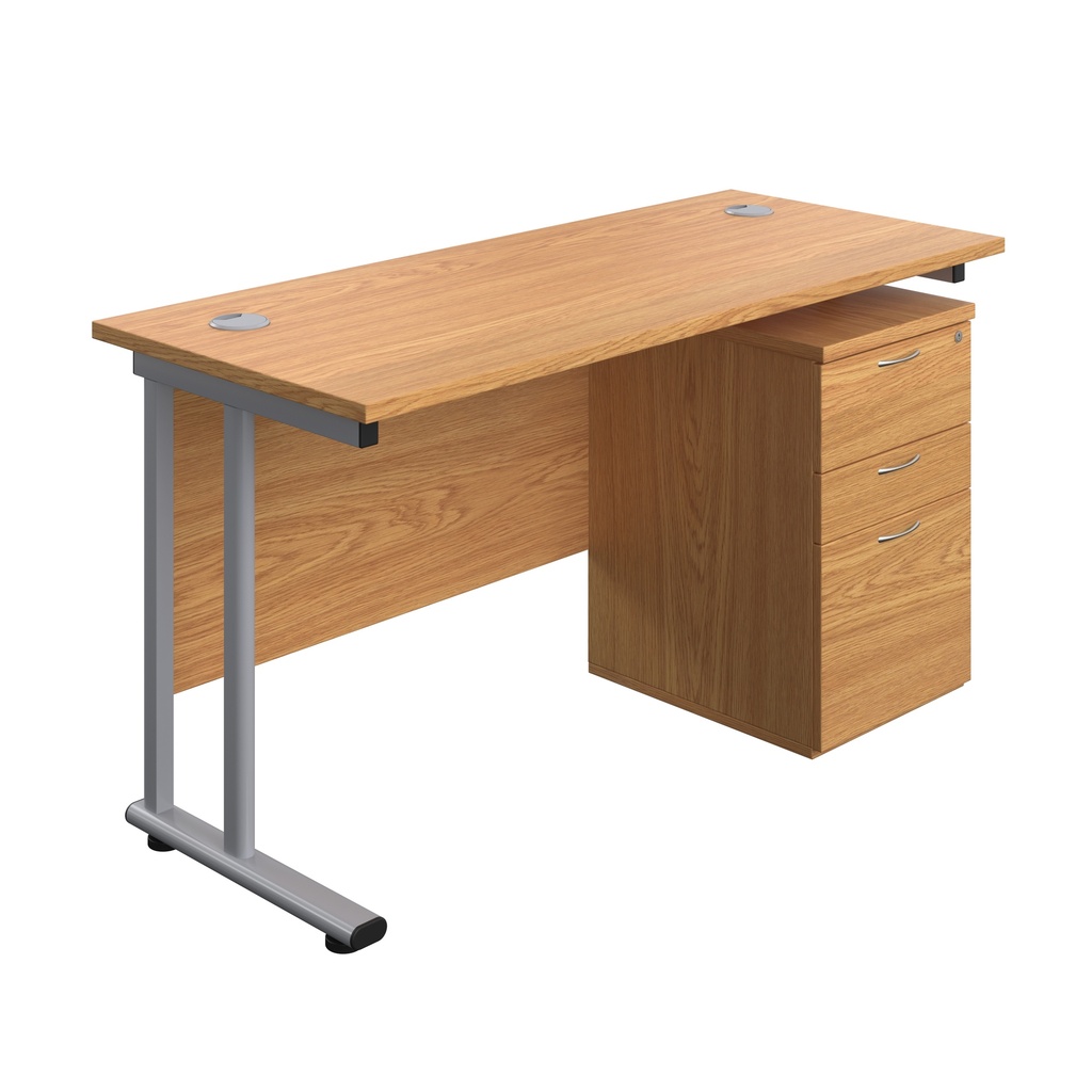 Twin Upright Rectangular Desk + High Mobile Pedestal 3 Drawer (FSC) | 1400X600 | Nova Oak/Silver | 