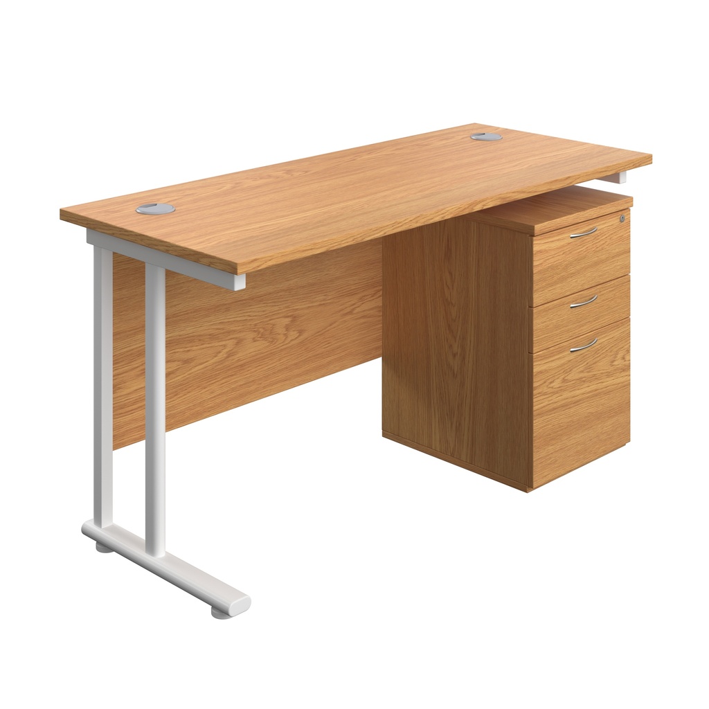 Twin Upright Rectangular Desk + High Mobile Pedestal 3 Drawer (FSC) | 1400X600 | Nova Oak/White | 