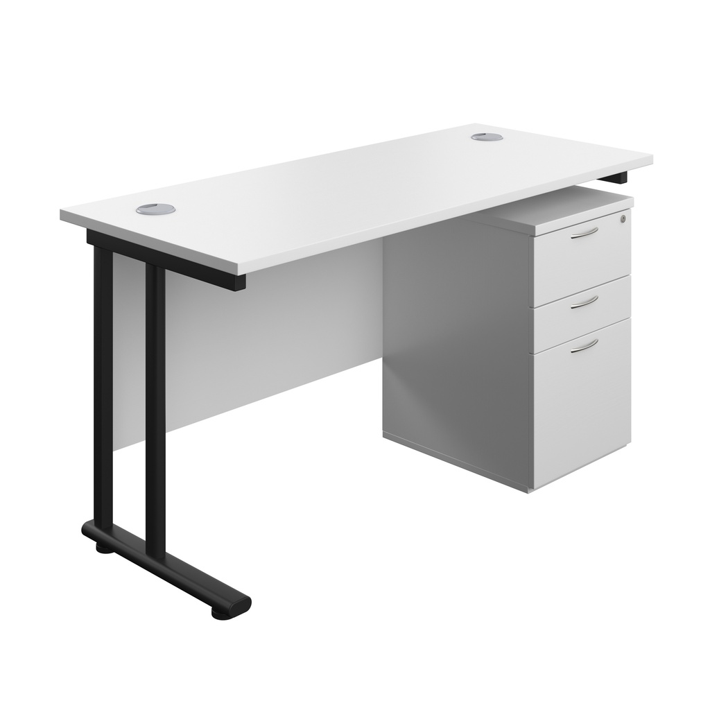 Twin Upright Rectangular Desk + High Mobile Pedestal 3 Drawer (FSC) | 1400X600 | White/Black | 