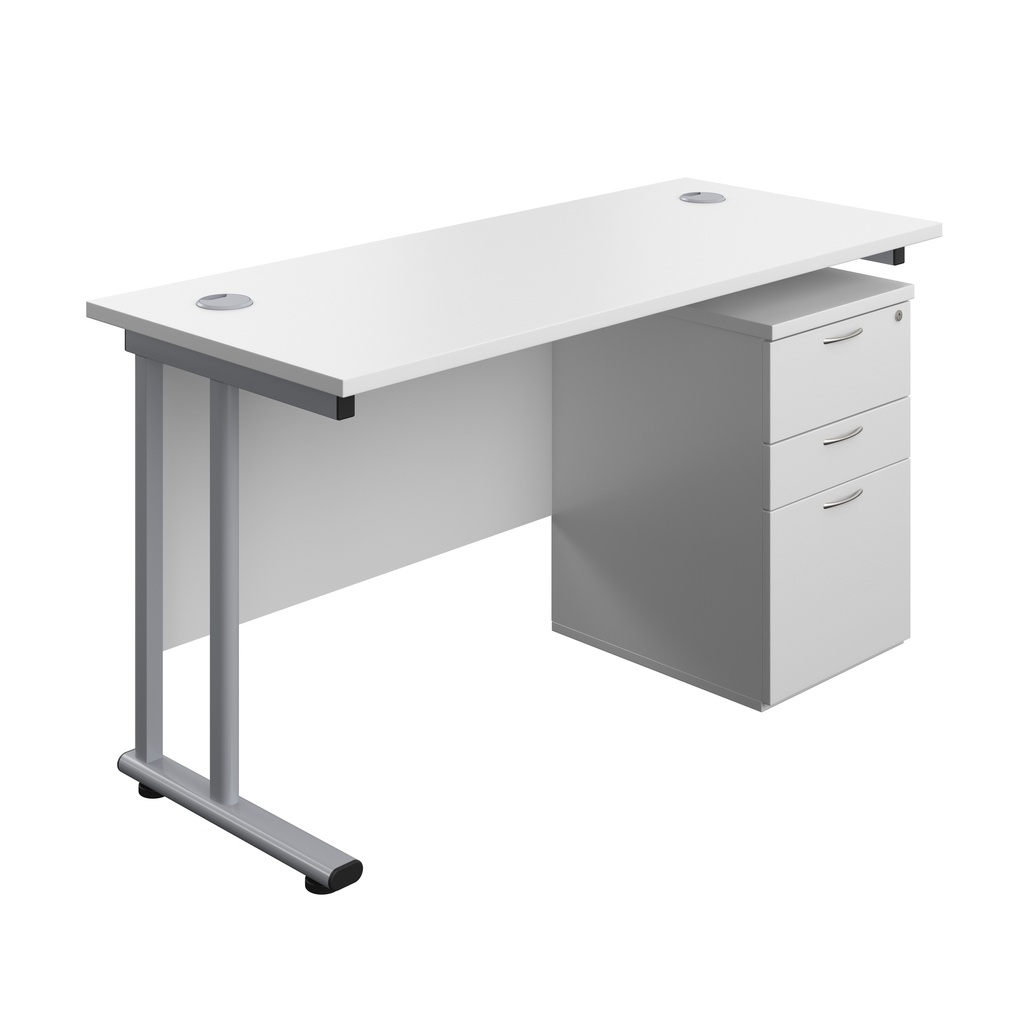 Twin Upright Rectangular Desk + High Mobile Pedestal 3 Drawer (FSC) | 1400X600 | White/Silver | 