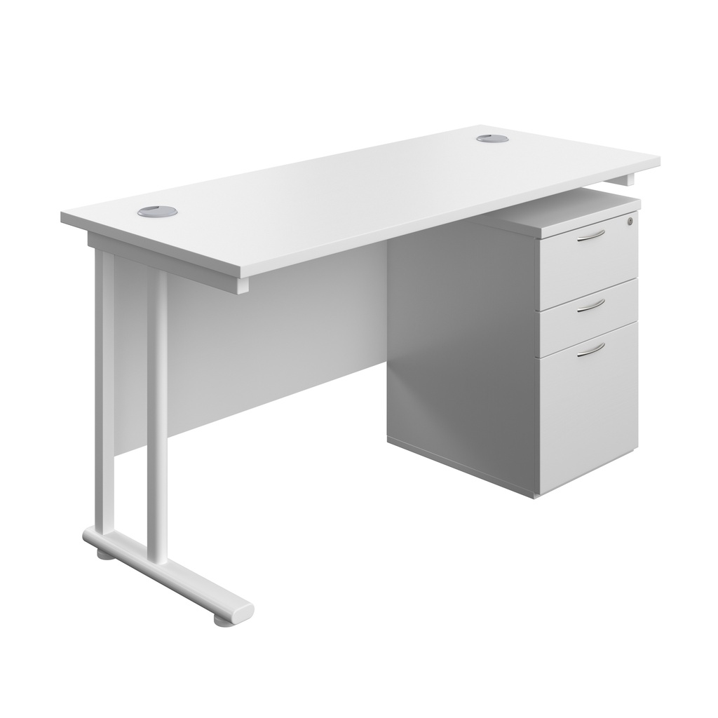 Twin Upright Rectangular Desk + High Mobile Pedestal 3 Drawer (FSC) | 1400X600 | White/White | 