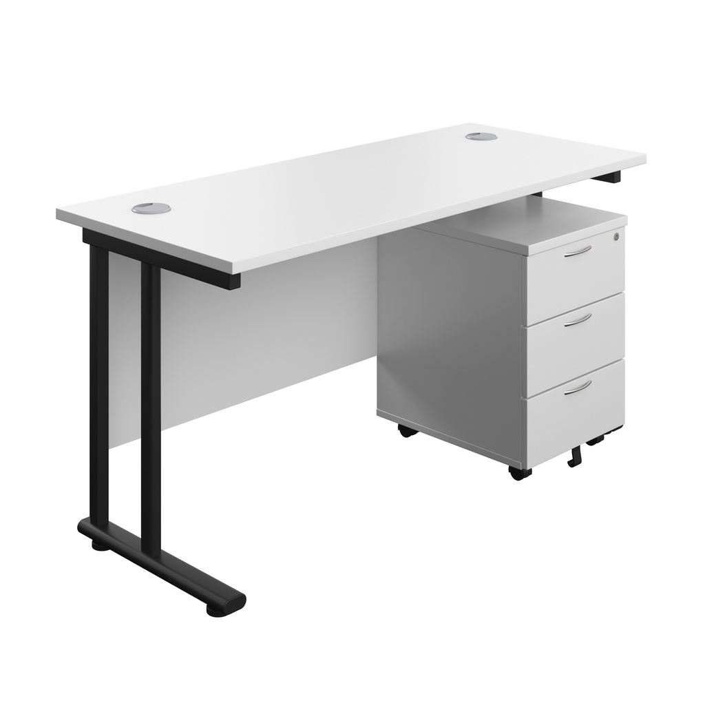 Twin Upright Rectangular Desk + Mobile 3 Drawer Pedestal (FSC) | 1400X600 | White/Black | 
