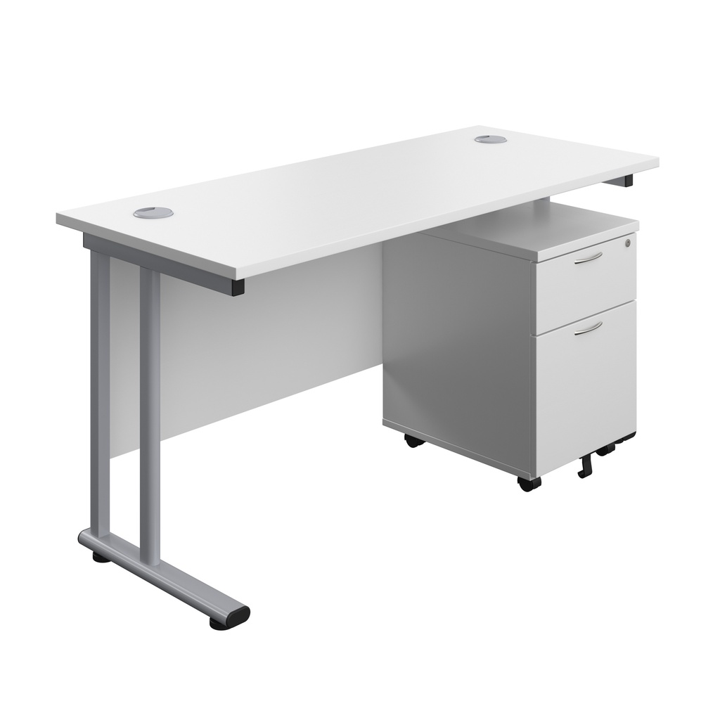 Twin Upright Rectangular Desk + Mobile 2 Drawer Pedestal (FSC) | 1400X600 | White/Silver | 