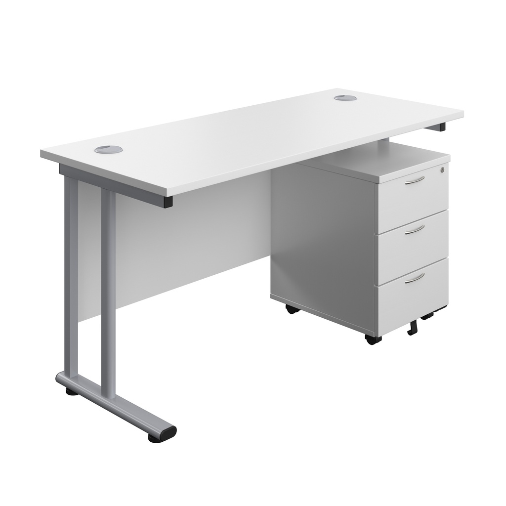 Twin Upright Rectangular Desk + Mobile 3 Drawer Pedestal (FSC) | 1400X600 | White/Silver | 