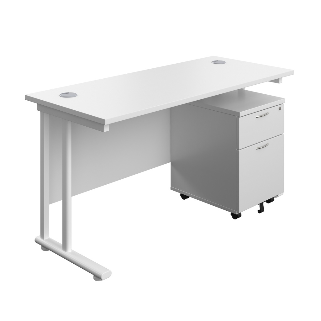 Twin Upright Rectangular Desk + Mobile 2 Drawer Pedestal (FSC) | 1400X600 | White/White | 