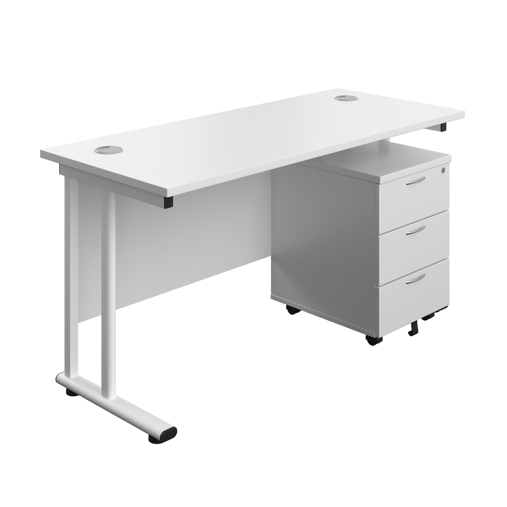 Twin Upright Rectangular Desk + Mobile 3 Drawer Pedestal (FSC) | 1400X600 | White/White | 