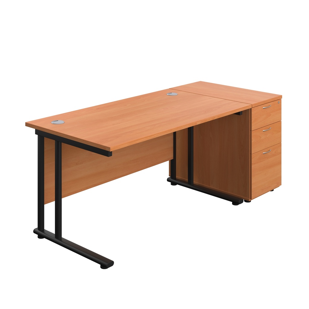 Twin Upright Rectangular Desk + Desk High 3 Drawer Pedestal (FSC) | 1400X800 | Beech/Black | 
