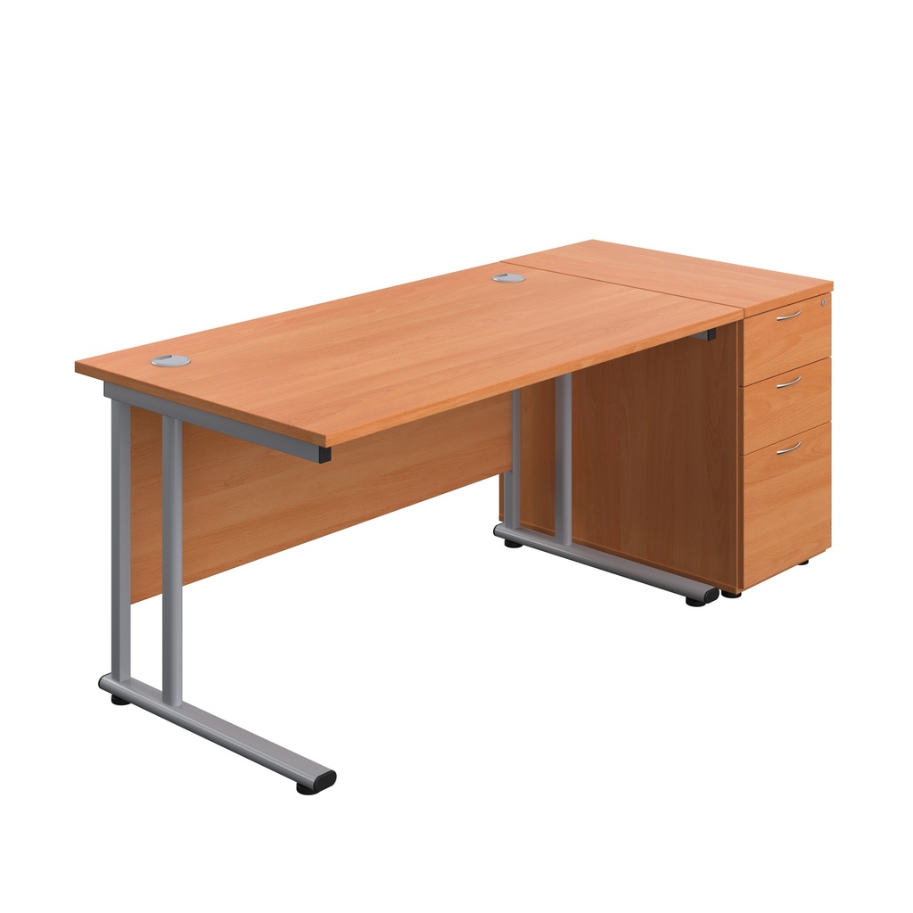Twin Upright Rectangular Desk + Desk High 3 Drawer Pedestal (FSC) | 1400X800 | Beech/Silver | 