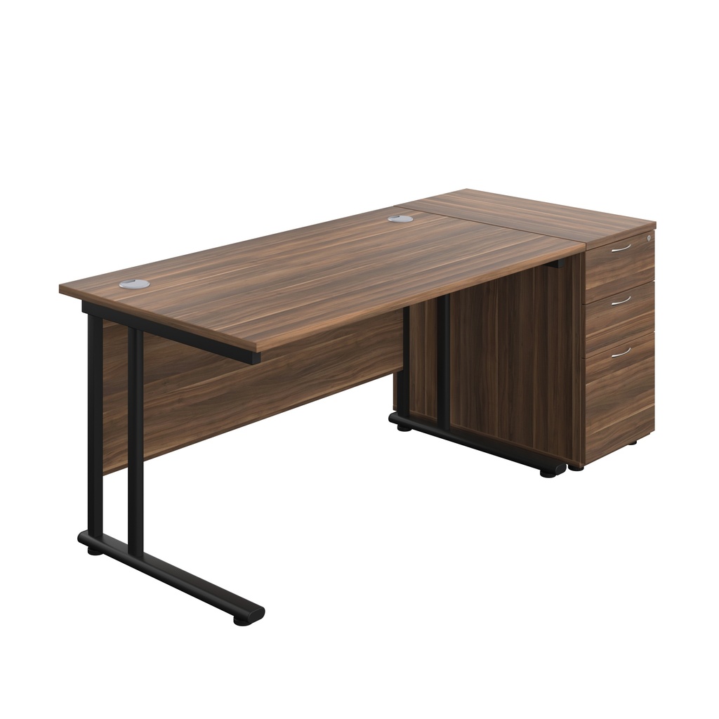 Twin Upright Rectangular Desk + Desk High 3 Drawer Pedestal (FSC) | 1400X800 | Dark Walnut/Black | 