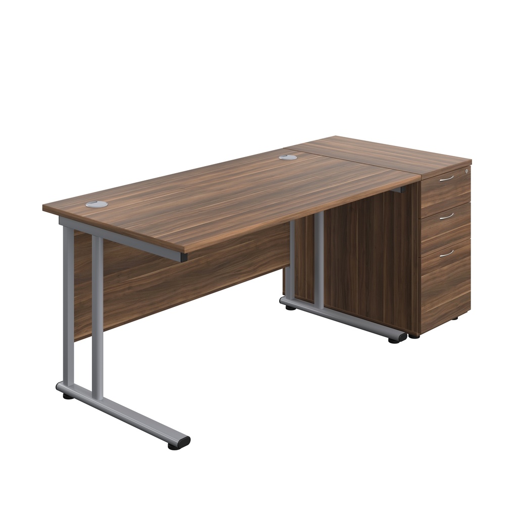 Twin Upright Rectangular Desk + Desk High 3 Drawer Pedestal (FSC) | 1400X800 | Dark Walnut/Silver | 