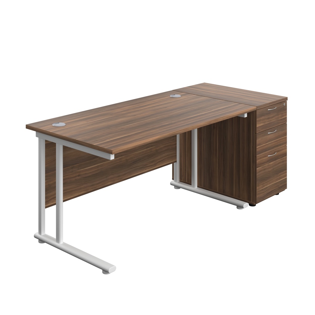 Twin Upright Rectangular Desk + Desk High 3 Drawer Pedestal (FSC) | 1400X800 | Dark Walnut/White | 