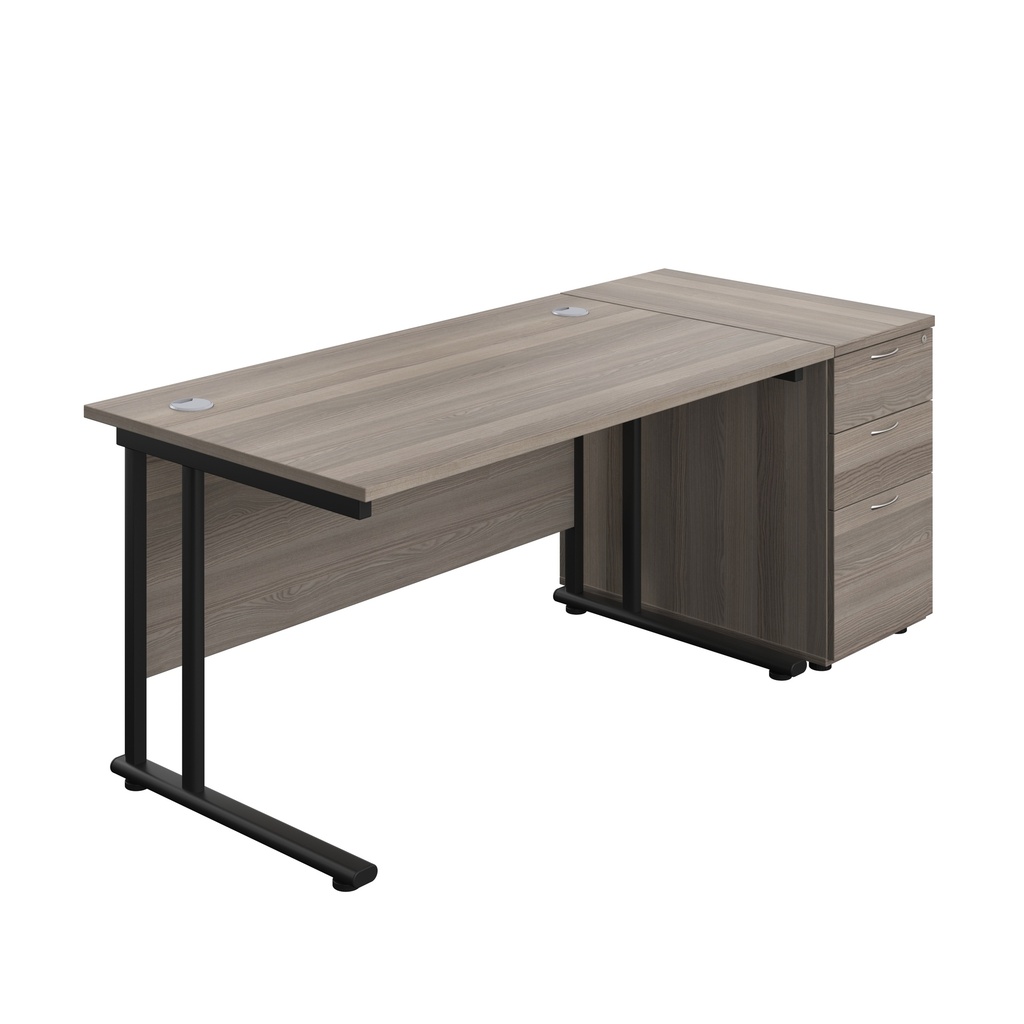 Twin Upright Rectangular Desk + Desk High 3 Drawer Pedestal (FSC) | 1400X800 | Grey Oak/Black | 