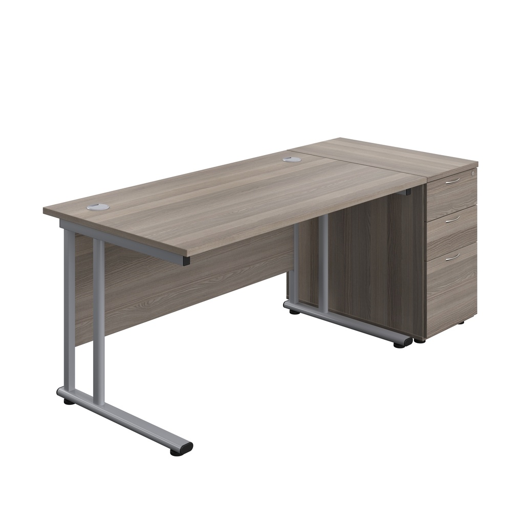 Twin Upright Rectangular Desk + Desk High 3 Drawer Pedestal (FSC) | 1400X800 | Grey Oak/Silver | 